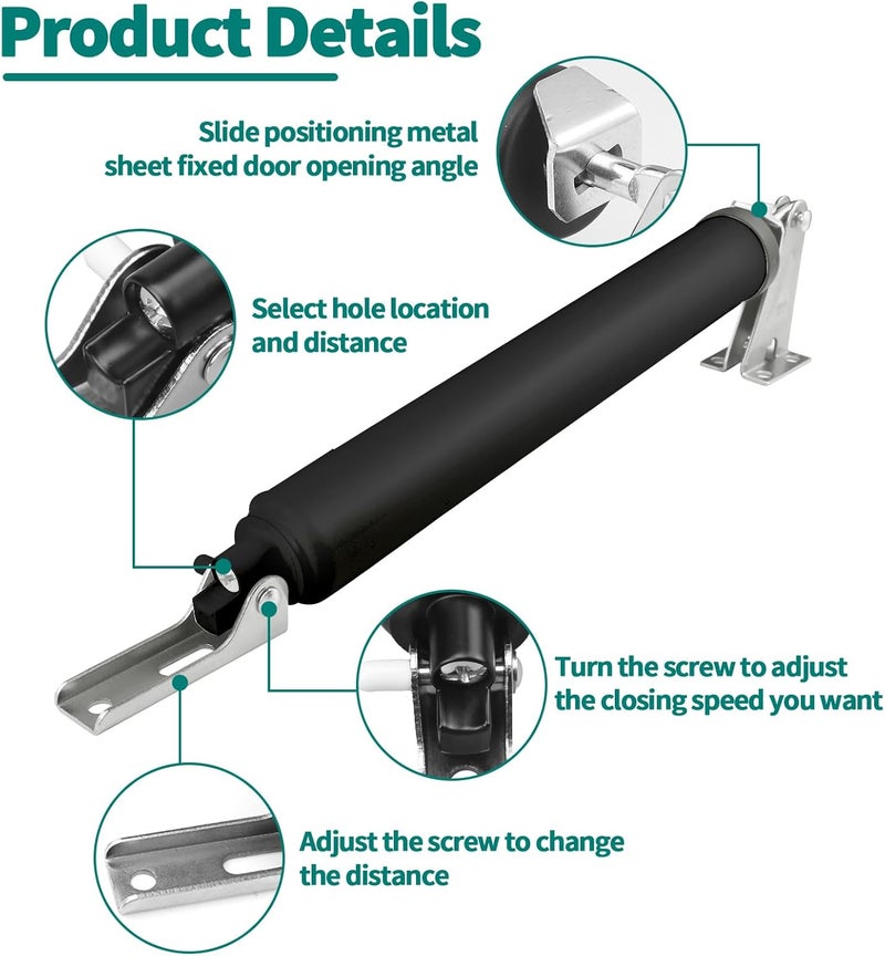 OXDFK Screen and Storm Door Closer Kit, Heavy Duty Pneumatic Screen and Storm Door Closer, Screen and Storm Door Push Button Latch Set Replacement Kit, Adjust Smooth Closing Speed (Black) - Image 2
